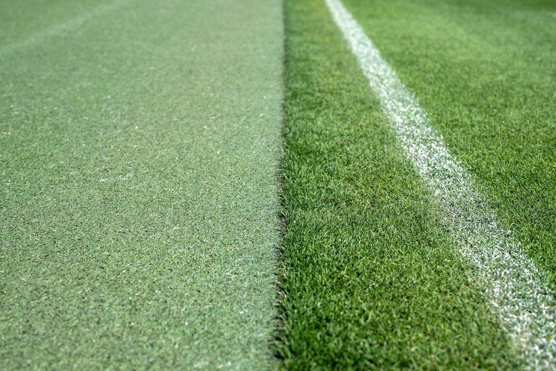 A section of turf sits alongside natural grass on the field at CPKC Stadium on Tuesday, April 14, 2026, in Kansas City.