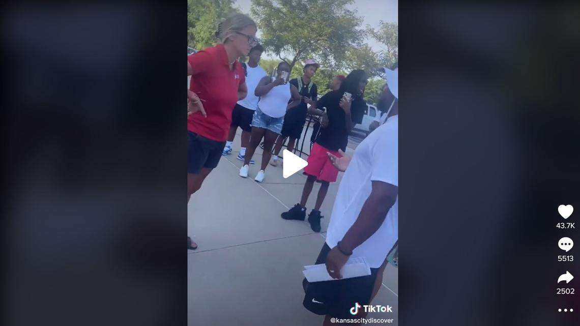 This image is taken from a video posted to Tik Tok, captured when Lee’s Summit officials turned away guests attending a Black teen’s birthday party at Summit Waves aquatic facility. City officials defended canceling the event, saying 500 teens arrived, about twice the number planned.