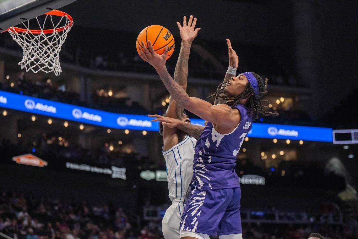 Kansas State Wildcats guard CJ Jones (3) shoots a layup against contact in the first half of the Wildcats first round game vs. the BYU Cougars in the Big 12 Men's Basketball Tournament, on Tuesday, March 10, 2026, at T-Mobile Center. The Wildcats lost to BYU, 105-91.