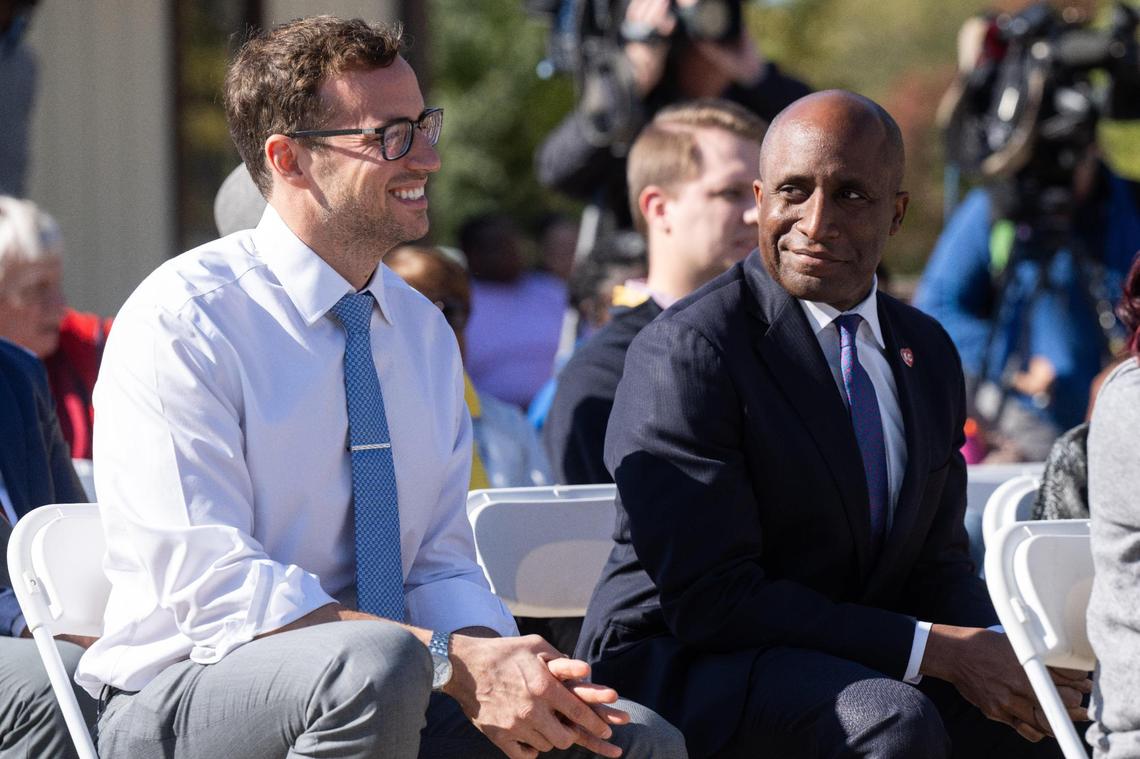 Kansas City City Manager Brian Platt and Mayor Quinton Lucas attend the groundbreaking for a new multi-unit affordable housing development in Kansas City, MO on Thursday, Oct. 24, 2024.