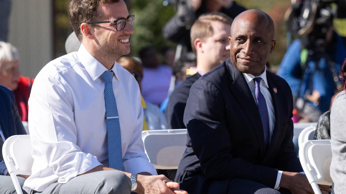 Kansas City City Manager Brian Platt and Mayor Quinton Lucas attend the groundbreaking for a new multi-unit affordable housing development in Kansas City, MO on Thursday, Oct. 24, 2024.
