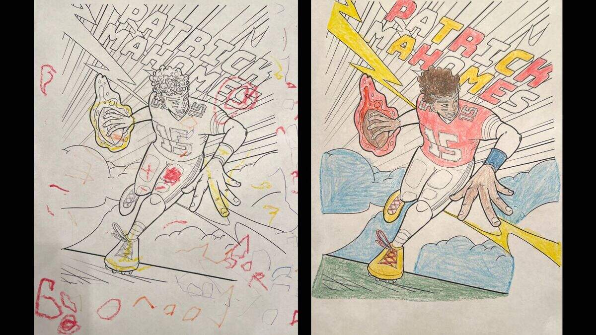 Easton Haefele, age 2, and Gavin Vansandt, age 9, show their takes on The Star’s Patrick Mahomes coloring sheet.