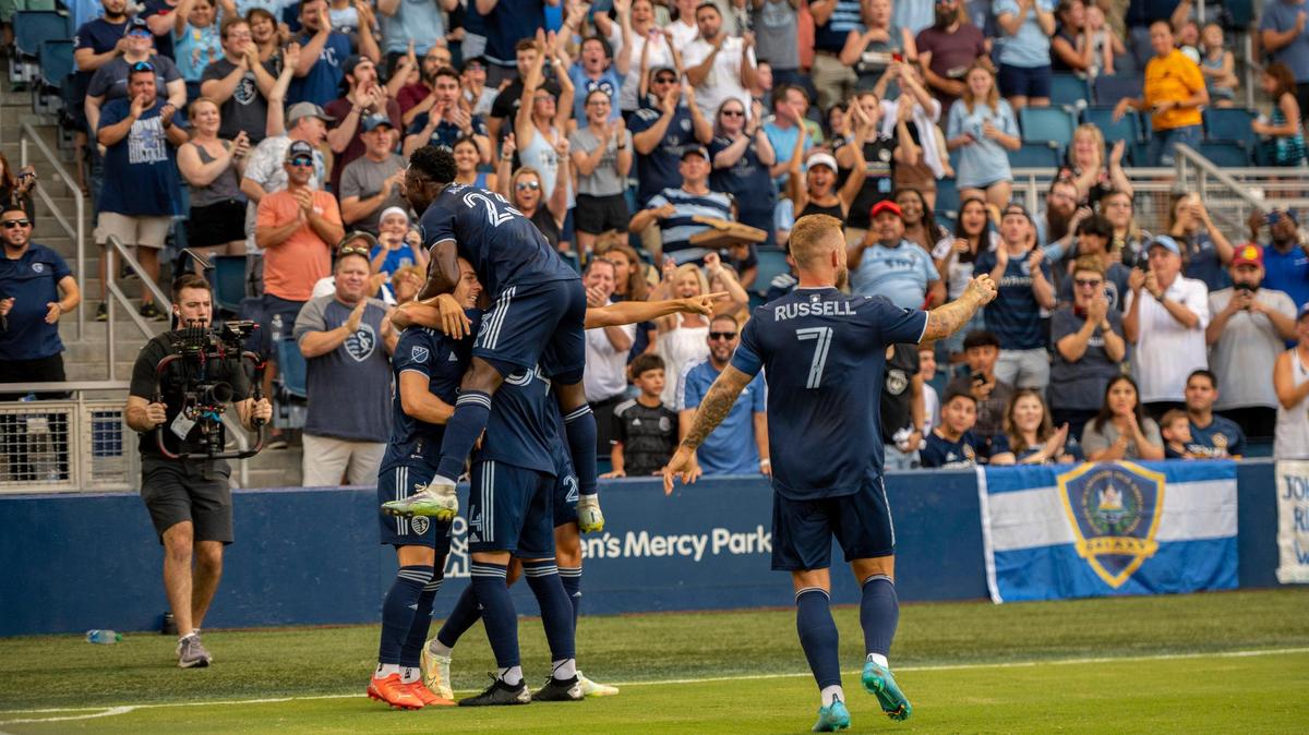 Sporting Kansas City celebrate its first goal against Los Angeles Galaxy in the first half during a match at Children’s Mercy Park on Saturday, Aug. 6, 2022, in Kansas City.