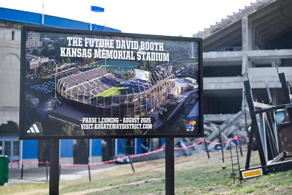 Renovations are underway at David Booth Kansas Memorial Stadium in Lawrence. Phase one of the construction project will leave a reduced seating capacity for the 2024 football season, with a 2025 target for completion.
