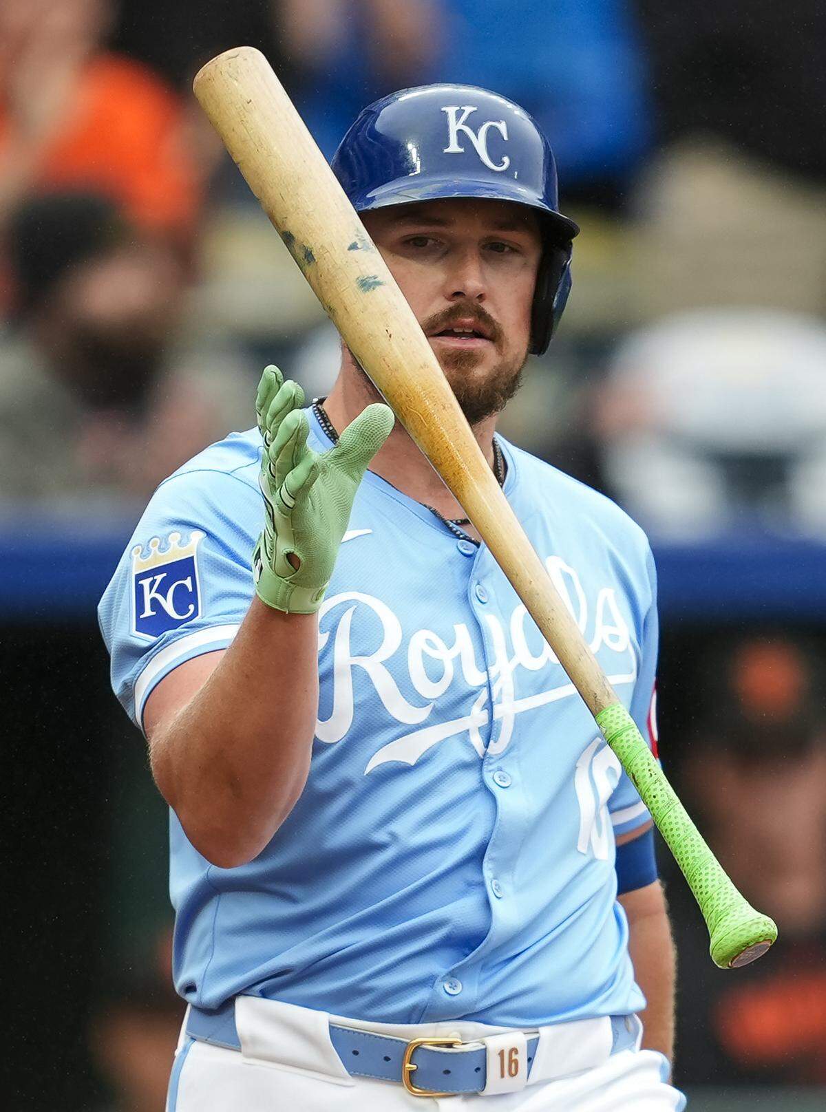Kansas City Royals right fielder Hunter Renfroe reacts with disdain after striking out in the ninth inning of Sunday’s series finale against the San Francisco Giants at Kauffman Stadium.