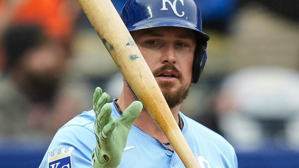 Kansas City Royals right fielder Hunter Renfroe reacts with disdain after striking out in the ninth inning of Sunday’s series finale against the San Francisco Giants at Kauffman Stadium.