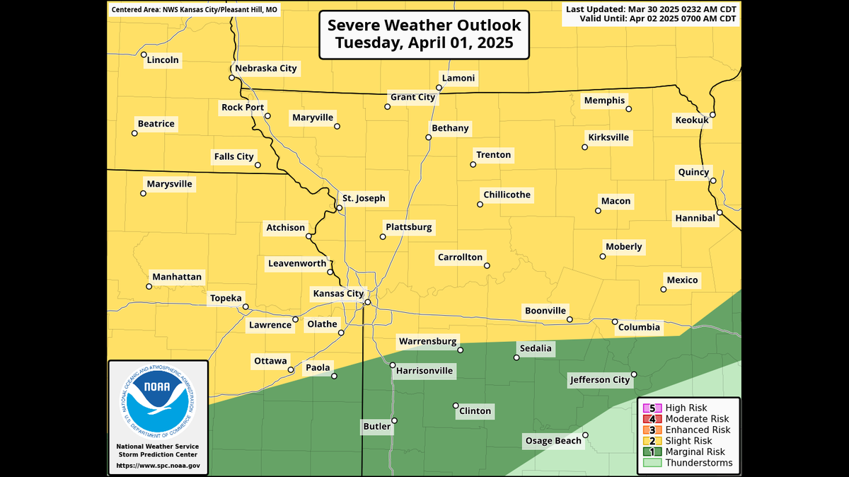 There is a slight risk of severe storms Tuesday night into early Wednesday morning, according to the National Weather Service. Large hail is the primary threat with potential for hail to be larger than golf balls north of a line from Kansas City to Trenton in north-central Missouri.