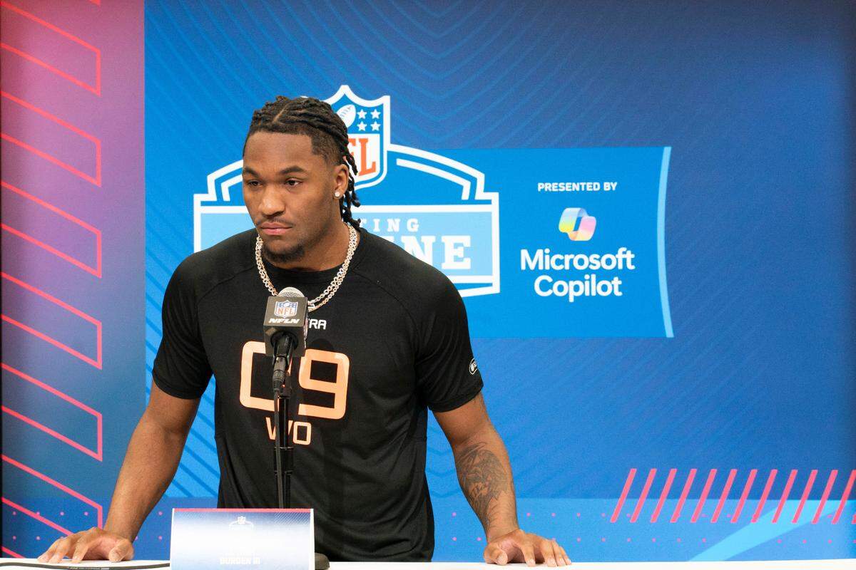 Missouri wideout Luther Burden III (WO09) answers questions at a press conference during the 2025 NFL Combine at Indiana Convention Center on Feb. 28, 2025.
