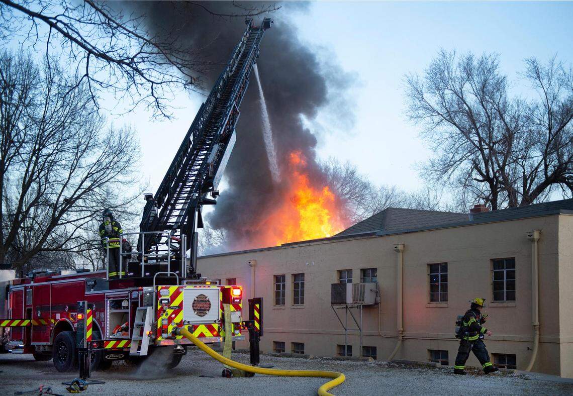 Firefighters from Consolidated Fire District 2 in Johnson County and other fire departments battled a large fire at First Baptist Church of Mission, 5641 Outlook St. on Thursday night in Mission. The fire was reported at about 5:20 p.m. and there was smoke coming out of the building adjacent to the sanctuary when fire crews arrived. No injuries were reported in the blaze.