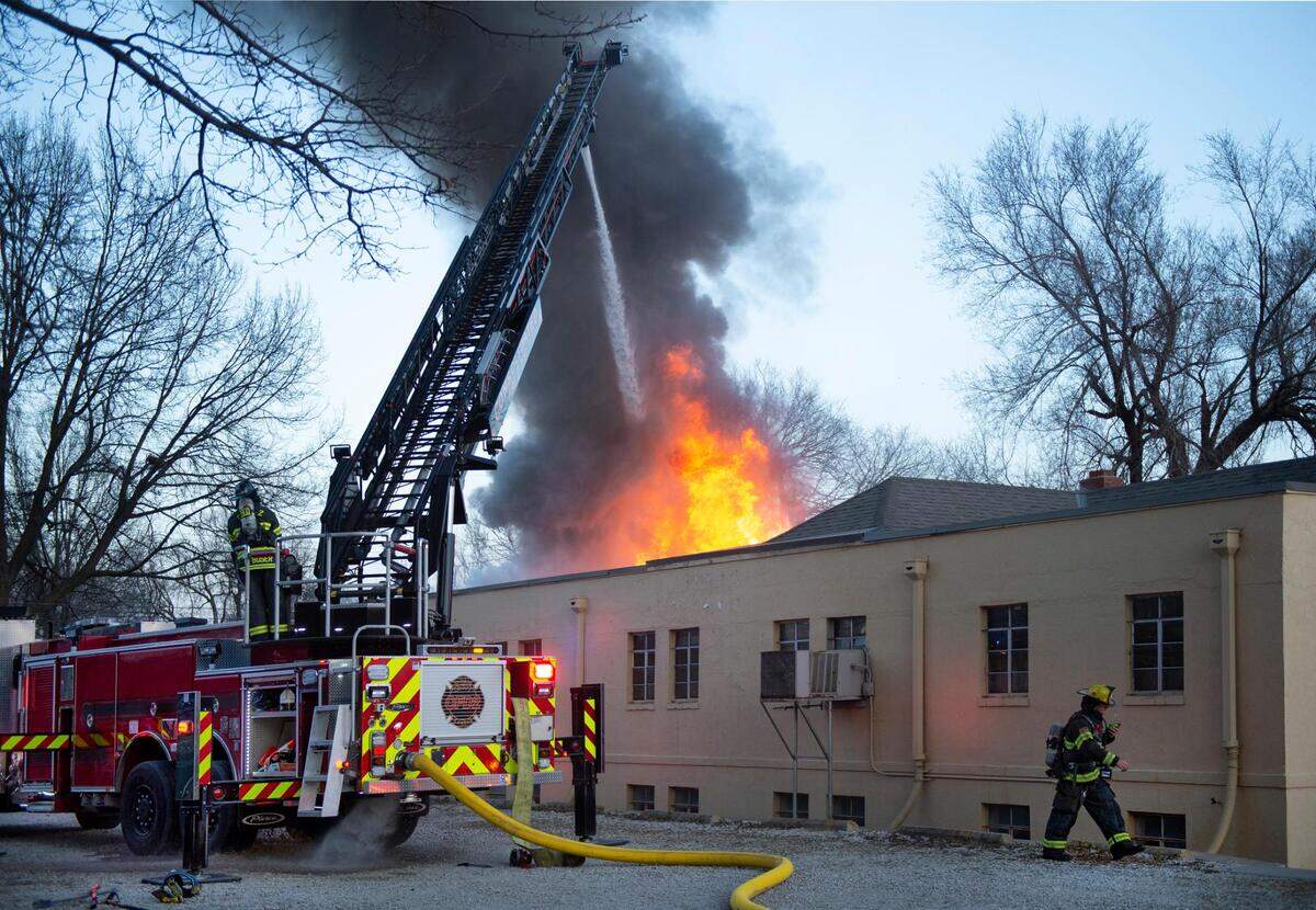 Firefighters from Consolidated Fire District 2 in Johnson County and other fire departments battled a large fire at First Baptist Church of Mission, 5641 Outlook St. on Thursday night in Mission. The fire was reported at about 5:20 p.m. and there was smoke coming out of the building adjacent to the sanctuary when fire crews arrived. No injuries were reported in the blaze.
