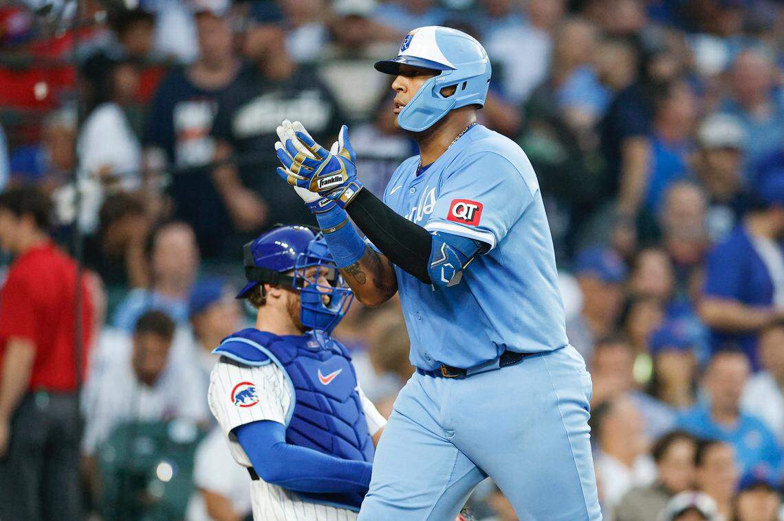 Kansas City Royals catcher Salvador Perez belted two home runs against the Cubs on Monday, July 21, 2025 at Wrigley Field in Chicago.