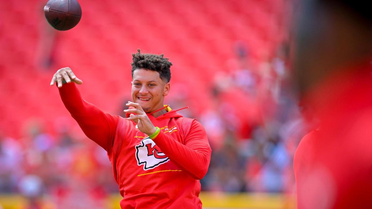 Kansas City Chiefs quarterback Patrick Mahomes warned up before the start of the game against the Washington Commanders on Saturday, Aug. 20, 2022, at Arrowhead Stadium in Kansas City.