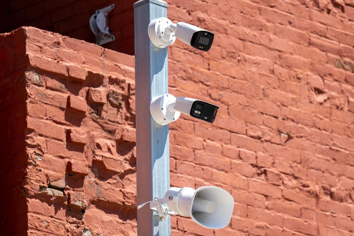 Surveillance equipment with two cameras and a loudspeaker is seen at a public parking lot near West 17th Street and Main Street on Friday, May 9, 2025, in Kansas City.