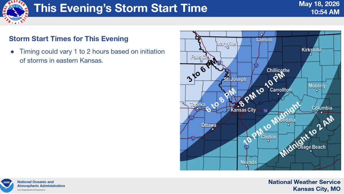 Here’s a look at the timing of the strong to severe thunderstorms that are expected to sweep through the Kansas City area overnight Monday. The storms are expected to reach the metro between 8 and 10 p.m., although the timing could shift an hour or two in either direction, the National Weather Service said.
