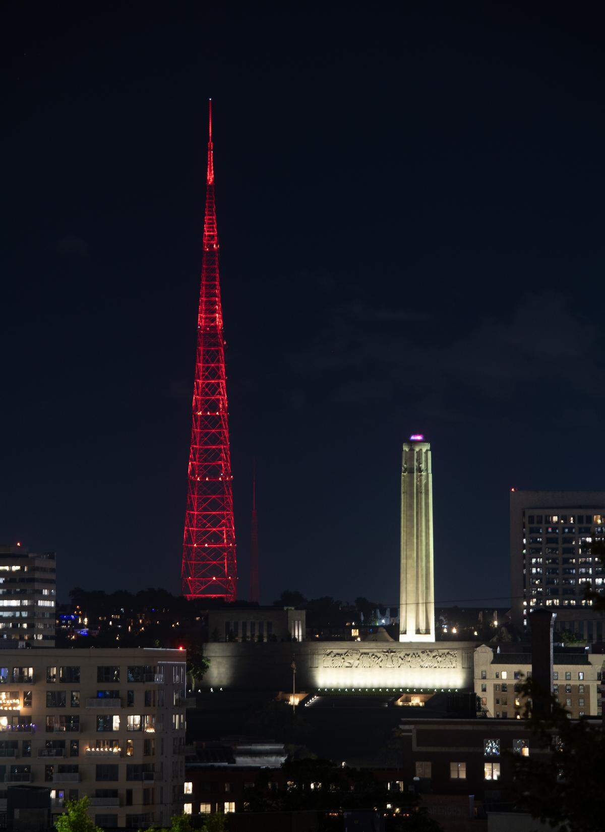 The KCTV Tower shined in the night after it was lit with new LED lights on Thursday, Sept. 18, 2025. The original lights on the 1,042-feet-tall tower were shut down in 2004 due to aging infrastructure and maintenance costs.