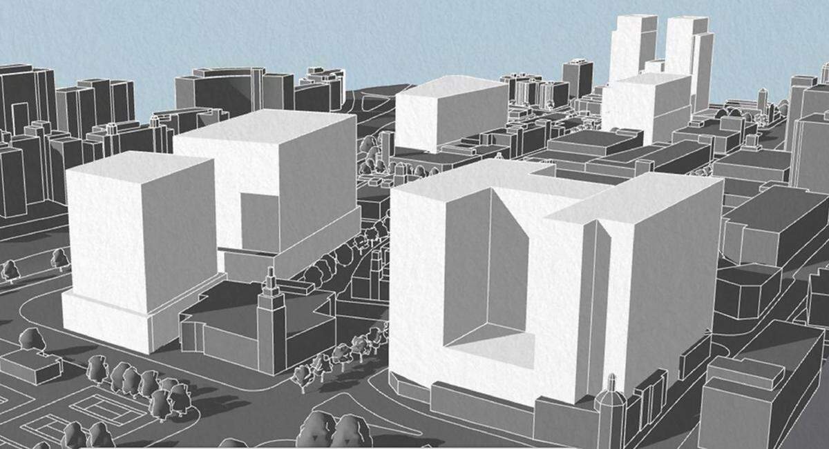 Rendering of the Country Club Plaza by the KC Chapter of the American Institute of Architects shows the scale of 150-foot and 200-foot buildings compared to the existing structures. AIA executive committee has urged the Kansas City Council to “preserve the human scale of the Plaza.”