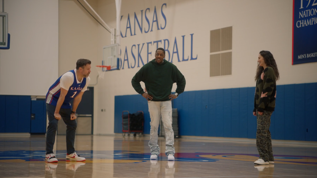 Left to right: “Ted Lasso” star Jason Sudeikis, Kansas basketball legend Mario Chalmers and women’s basketball great Sue Bird at the KU practice gym connected to Allen Fieldhouse.