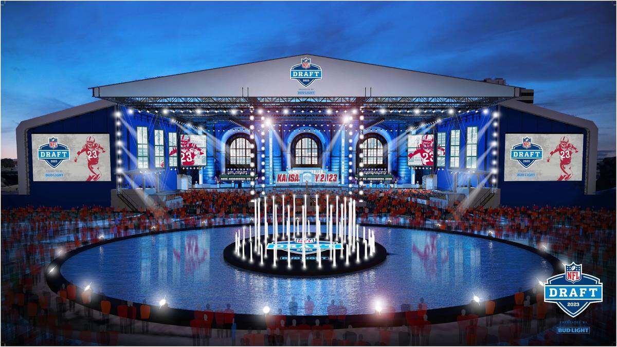 This rendering depicts the NFL Draft setup for the April 27-29 event in Kansas City. Union Station and the Liberty Memorial will be the epicenter of the widely watched player-selection process.