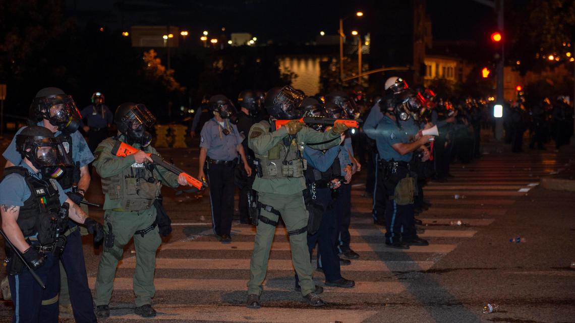 Police were prepared to use rubber bullets on protesters after curfew at the Black Lives Matter protest at the Country Club Plaza on Sunday, May 31, 2020. The protest was the third one in Kansas City this weekend following the death of George Floyd.