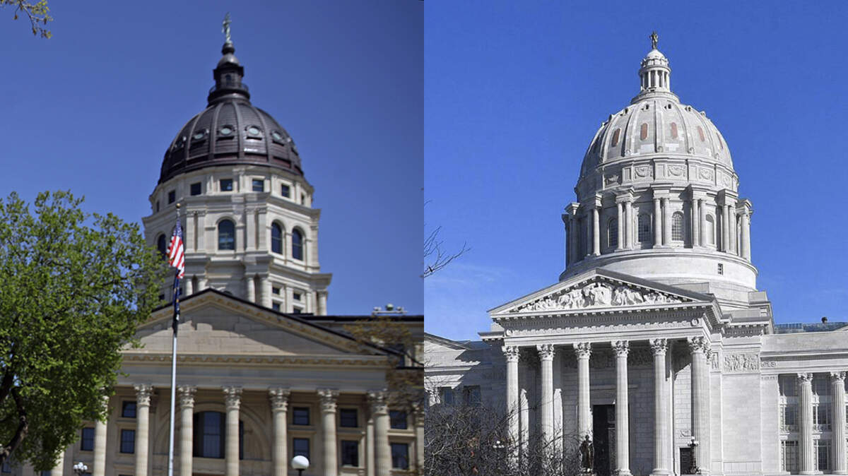 The Kansas Statehouse in Topeka and the Missouri State Capitol in Jefferson City