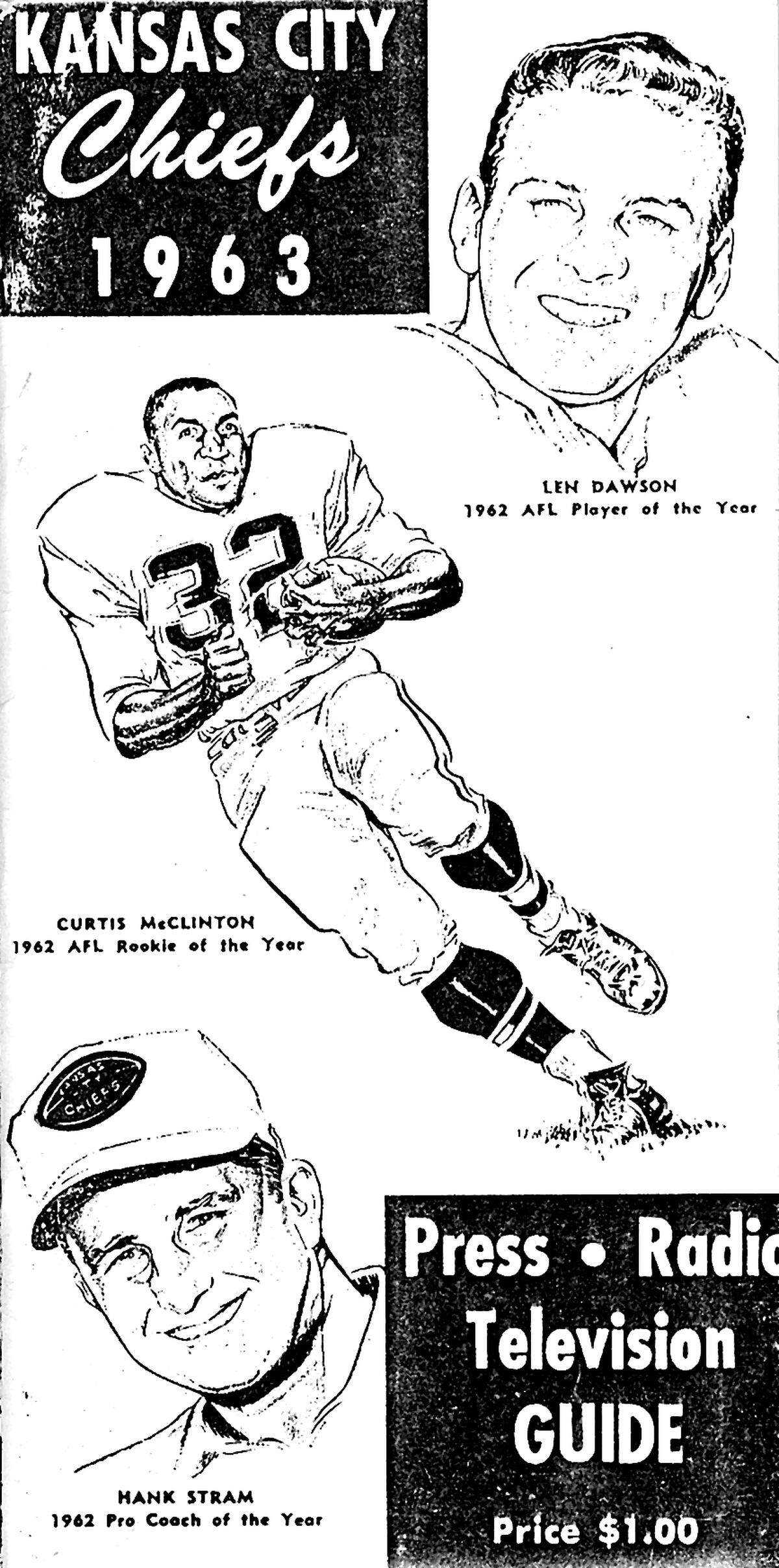 The ”Press, Radio and Television Guide” cover for the Kansas City Chiefs in 1963 after their move north from Dallas, where they were known as the Texans.