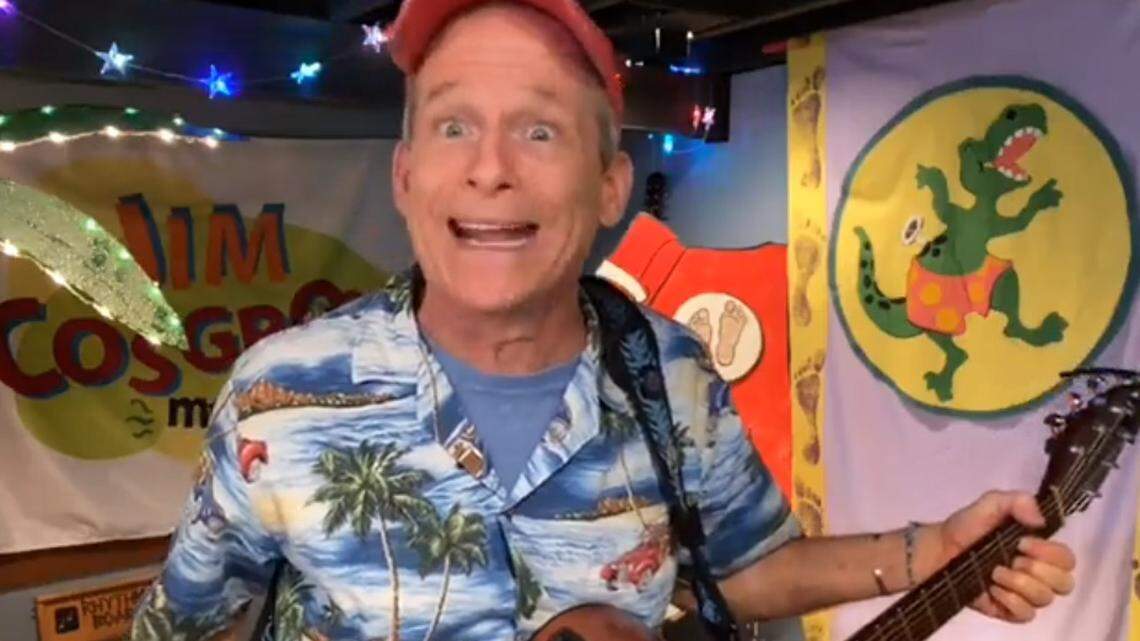 Jim Cosgrove, known as Mr. Stinky Feet, sings during his weekly program for young kids on the Mid-Continent Library’s MCPL360 Facebook page.