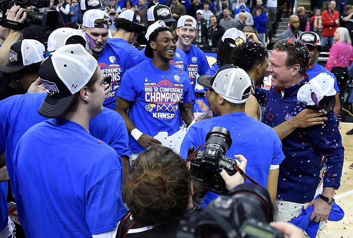 Kansas coach Bill Self was showered with confetti by his players after the Jayhawks’ 74-65 win over Texas Tech in the Big 12 Tournament championship game Satruday at the T-Mobile Center.