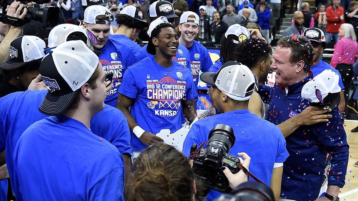 Kansas coach Bill Self was showered with confetti by his players after the Jayhawks’ 74-65 win over Texas Tech in the Big 12 Tournament championship game Saturday at the T-Mobile Center (2022).