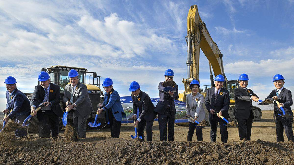 Groundbreaking ceremonies for the Panasonic battery plant included Kansas Gov. Laura Kelly, fourth from right, Kazuo Tadanobu President and CEO of Panasonic Energy of North America, right of Kelly, and other top executives from Panasonic, as well as state and local officials on Wednesday, Nov. 2, 2022. The plant will be built on the former Sunflower Army Ammunition Plant property in De Soto, Kansas, in Johnson County. The 9,000-acre property is now being renamed Astra Enterprise Park. 
