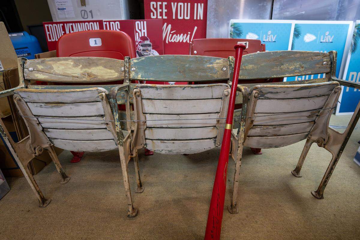 Old Chiefs stadium seats from a previous venue are on display in the Artifact Room inside the team’s underground storage facility in Kansas City.