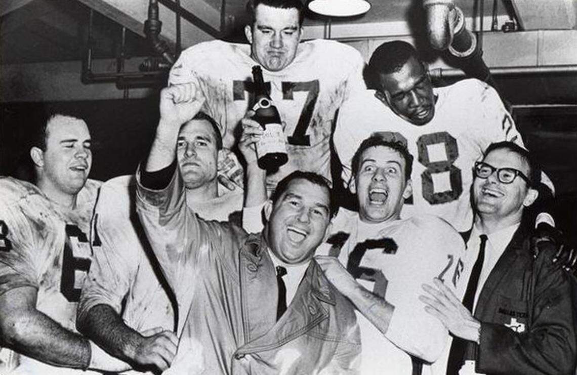 The Dallas Texans celebrated after they won the AFL title in 1962, and Kansas City celebrated after Lamar Hunt (right) moved the franchise here. Front, left to right: Marvin Terrell, Tommy Brooker, Hank Stram, Len Dawson and Lamar Hunt. Back, left to right: Jim Tyrer, Abner Haynes, before they became the Kansas City Chiefs.