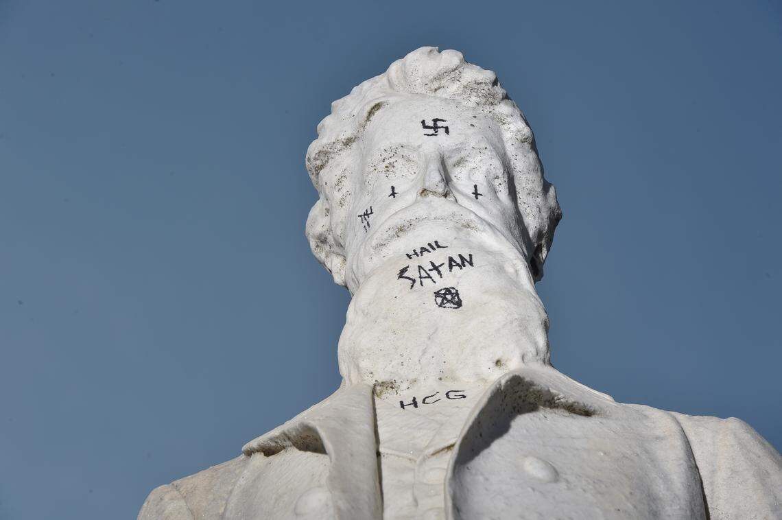 Someone defaced the John Brown Memorial statue near the Quindaro Townsite of Kansas City, Kansas.