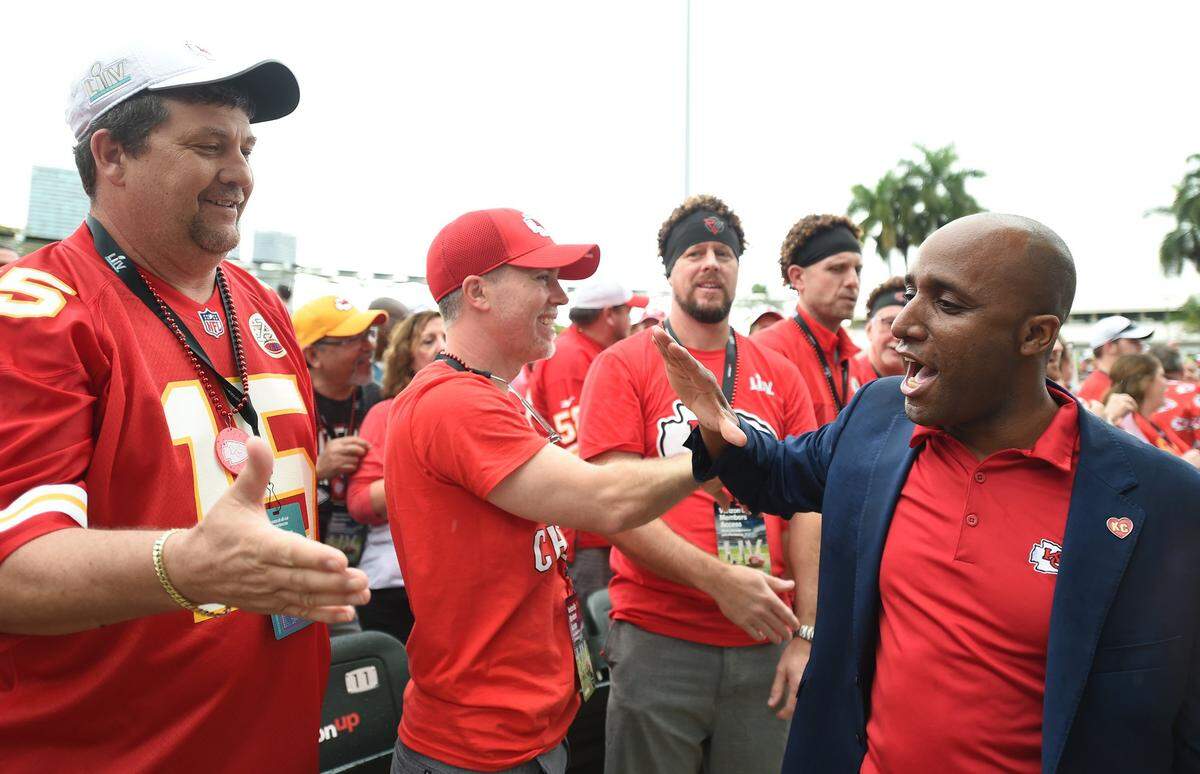 Kansas City Mayor Quinton Lucas high-fived Chiefs fans during a Super Bowl LIVE pep rally days before the Chiefs won Super Bowl LII in Miami in 2020.