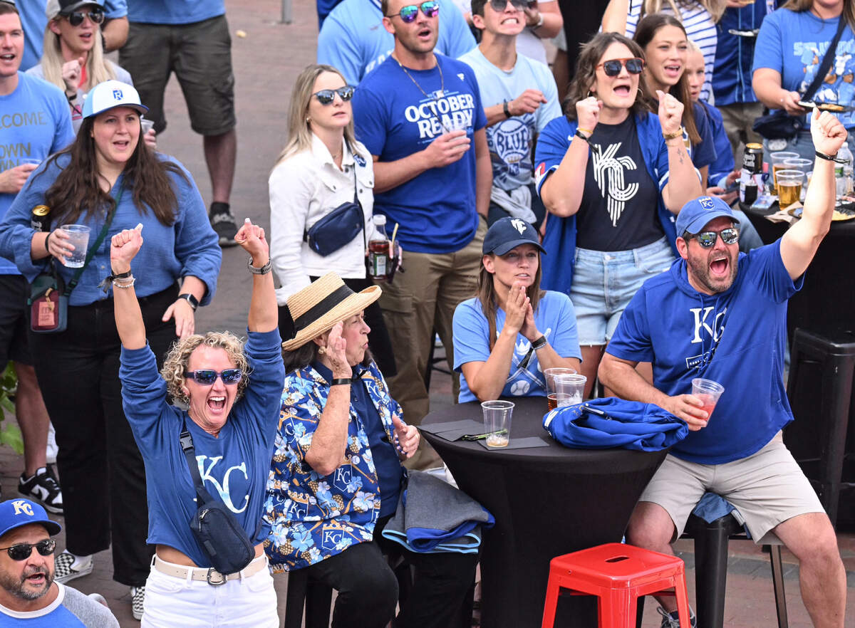 Kansas City Royals fans after watching the Royals get a hit in the AL Wild Card game with Baltimore Wednesday, Oct. 2, 2024. The fans were following the game at KC Live! at a watch party at Power and Light District.