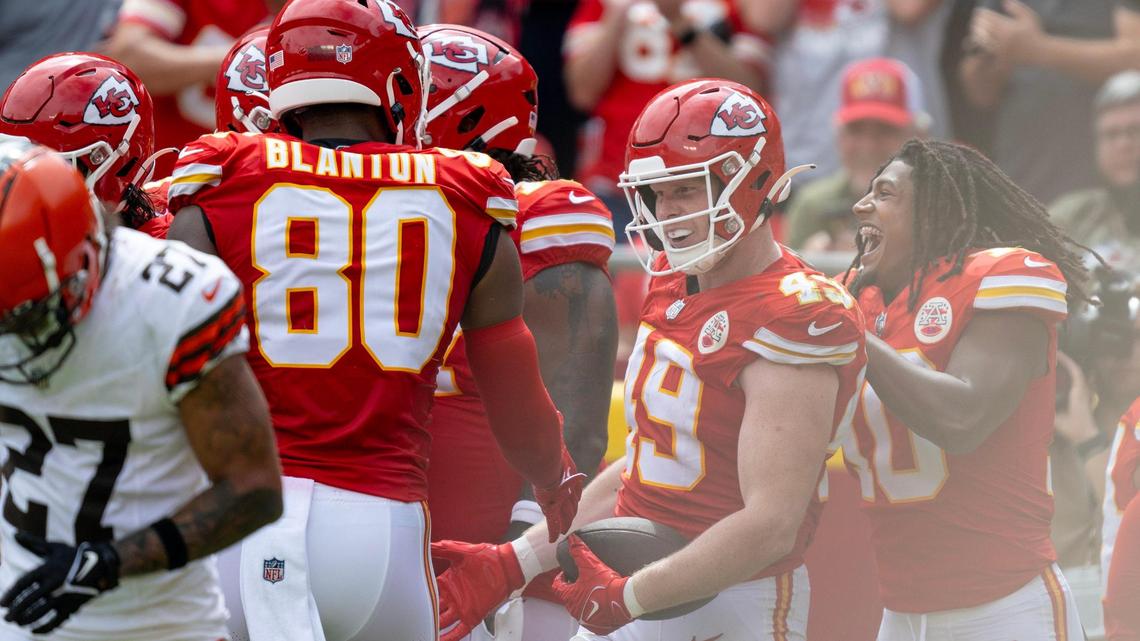 Kansas City Chiefs tight end Matt Bushman (49) celebrates a touchdown with teammates during an NFL preseason football game against the Cleveland Browns on Saturday, Aug. 26, 2023, in Kansas City.