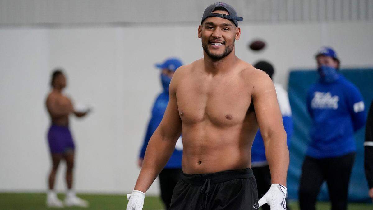 Tulsa linebacker Zaven Collins worked out for scouts at an NFL pro day April 2, 2021, in Tulsa, Okla.