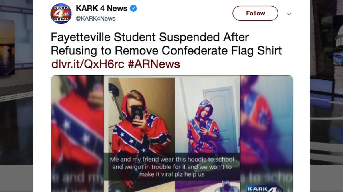 Students at Fayetteville High School who wore Confederate flag clothing and Confederate flags painted on their faces and hands were told by school administrators to change. When they refused the school sent them home. (Twitter)