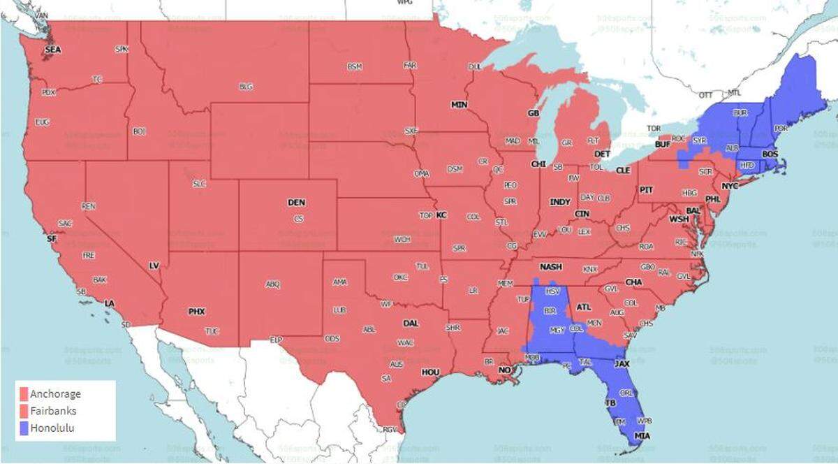 Chiefs-Browns game is in red, Patriots-Dolphins is in blue.