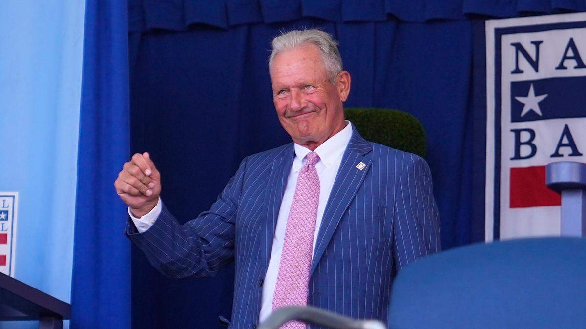 Kansas City Royals legend George Brett is introduced during the 2023 National Baseball Hall of Fame induction ceremony.