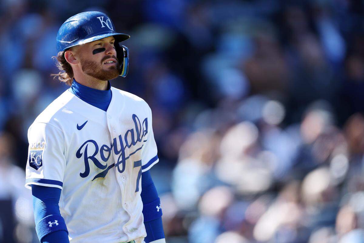 Royals shortstop Bobby Witt Jr., left, during a game against the Milwaukee Brewers at Kauffman Stadium on April 04, 2026 in Kansas City, Missouri.