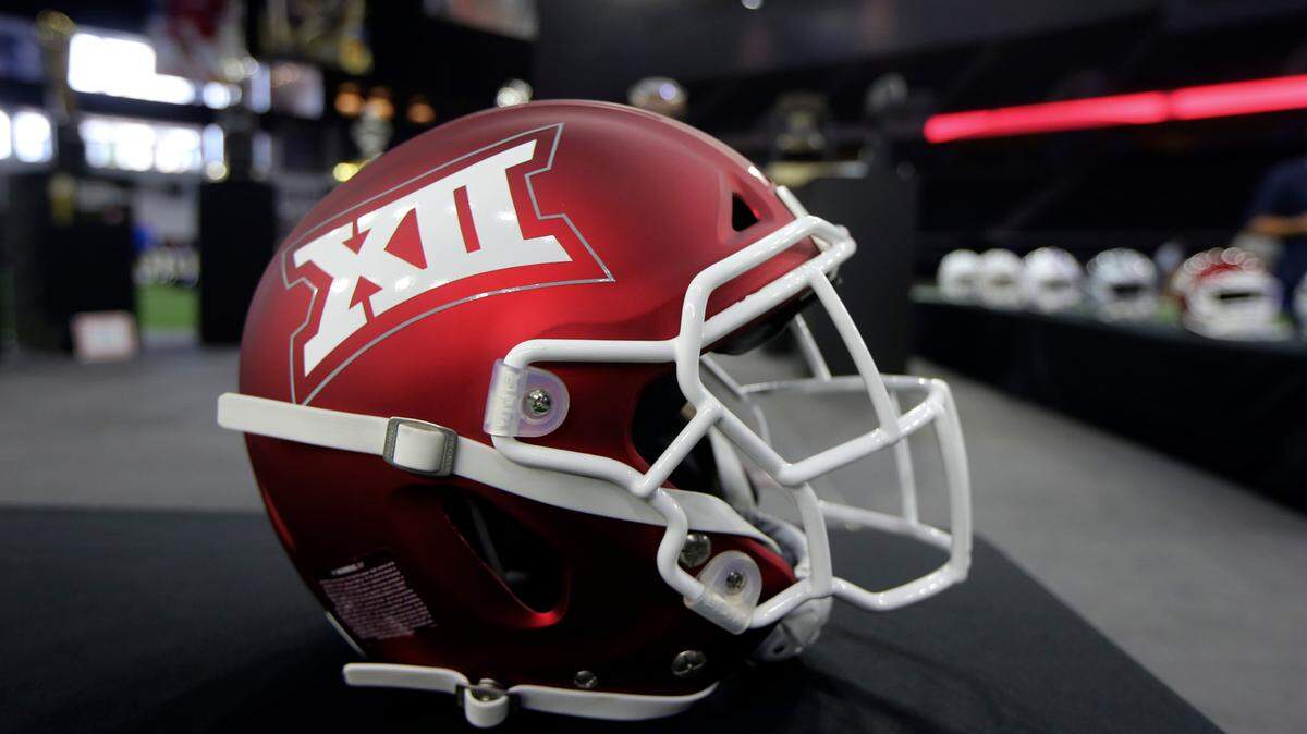 A Big 12 helmet is displayed during Big 12 football media days at the Ford Center at the Star.