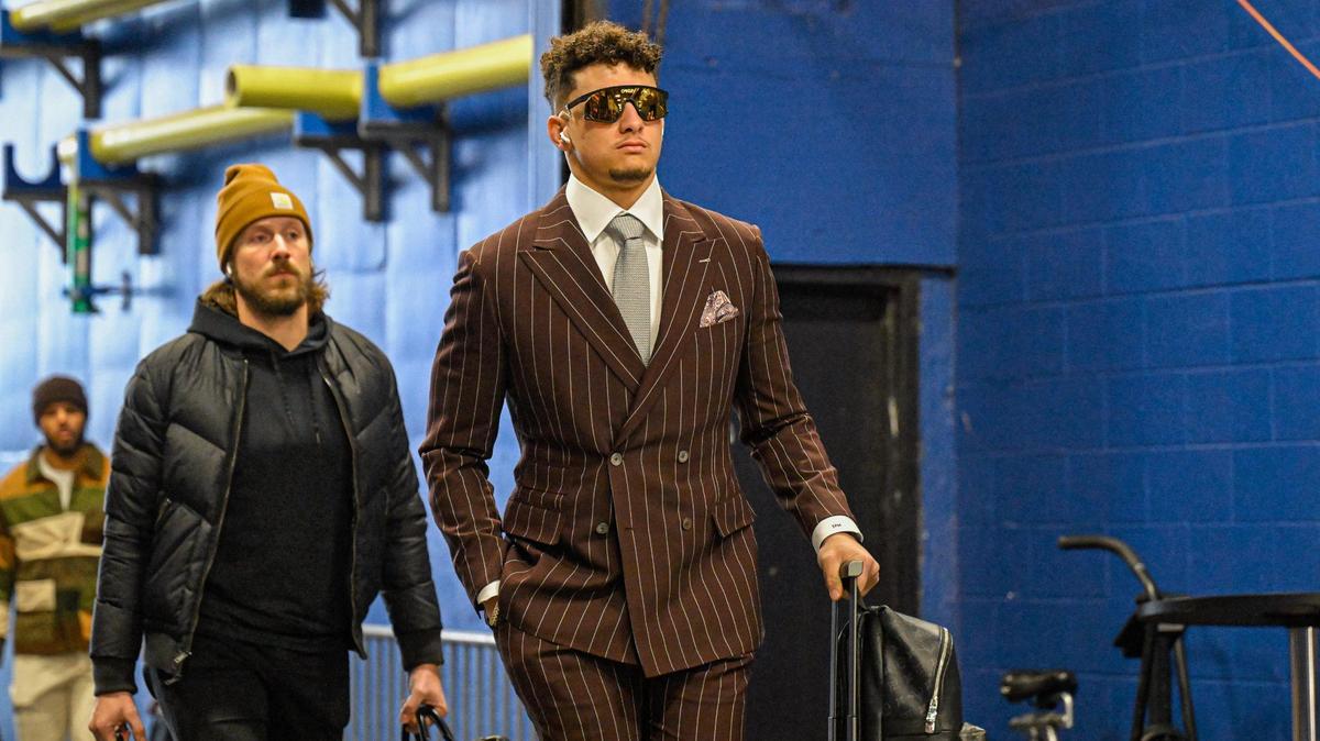 Kansas City Chiefs quarterback Patrick Mahomes, right, along with backup quarterback Blaine Gabbert arrive to play the Buffalo Bills in the AFC Divisional playoff game Sunday, Jan. 21, 2024, at Highmark Stadium in Orchard Park, New York.