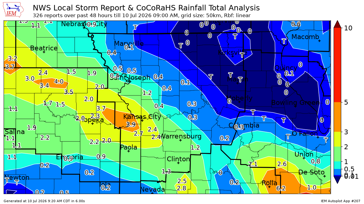 Back-to-back morning storms that produced heavy rainfalls have pushed parts of the Kansas City metro toward a month’s total. Typically, Kansas City’s normal rainfall total for July is near 4.58 inches. This map from the Iowa Environmental Mesonet at Iowa State University shows rainfall totals for the past 48 hours.