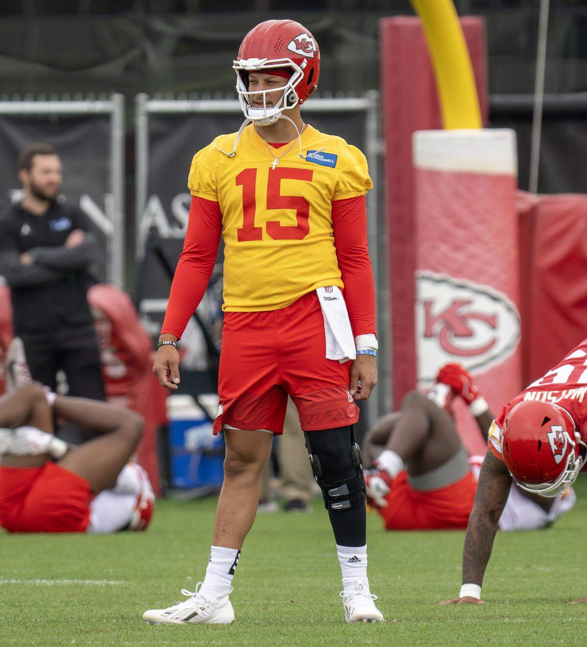 Kansas City Chiefs quarterback Patrick Mahomes (15) warms up during practice at the Chiefs' training facility on Thursday, May 28, 2026, in Kansas City.