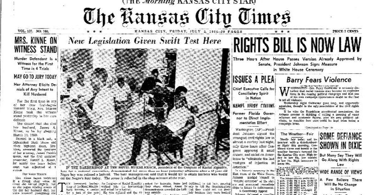 Black members of CORE, the Congress for Racial Equality, who were in Kansas City for a national convention, protested in demand of haircuts at the Muehlebach Hotel barbershop. It was moments after President Lyndon Johnson, on July 2, 1964, signed the Civil Rights Act.