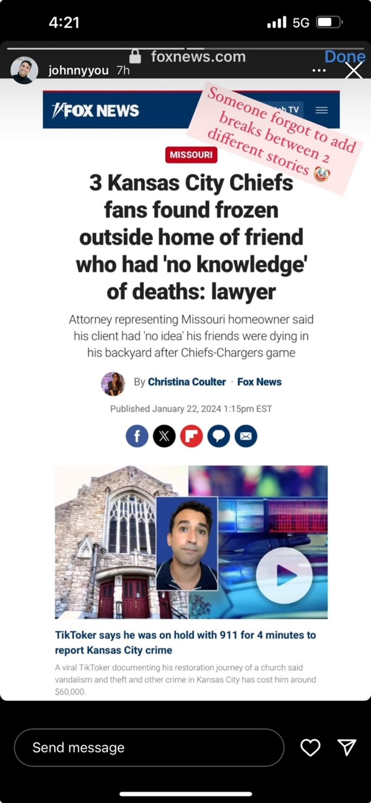 With no break between two stories, followers of Kansas City TikTok star Johnny Youssef wondered if he was connected to a mystery death story. He’s not.
