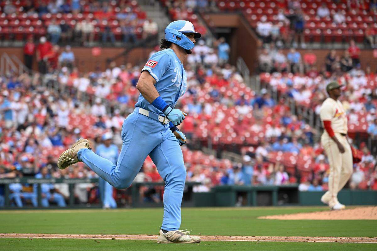 Royals right fielder Jac Caglianone rounds the bases after hitting a solo ninth-inning home run against the host Cardinals at Busch Stadium in St. Louis on Saturday, May 16, 2026.