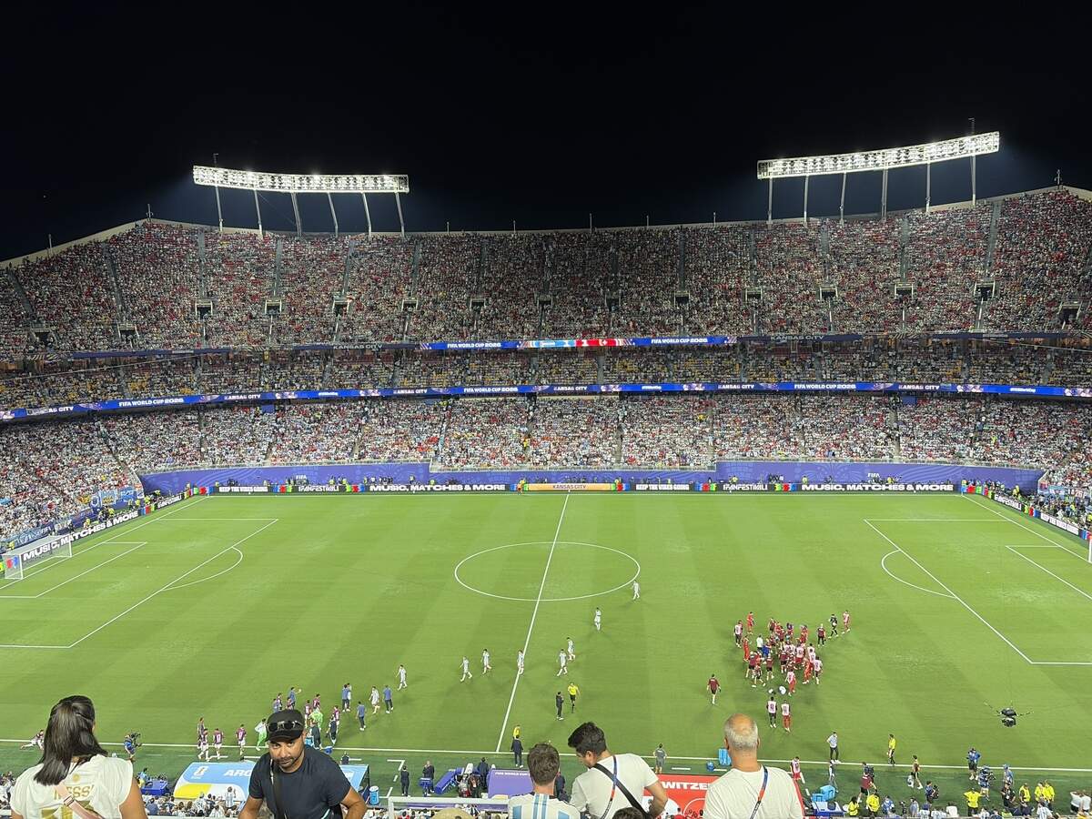 Switzerland and Argentina players head to a break halfway through extra time during the World Cup quarterfinal at Kansas City (Arrowhead) Stadium on Saturday, July 11, 2026