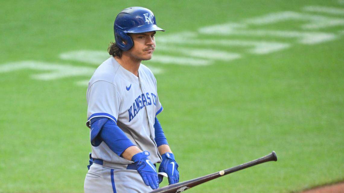 Kansas City Royals first baseman Nick Pratto (32) reacts after striking out in the fourth inning against the Cleveland Guardians at Progressive Field on July 7, 2023.