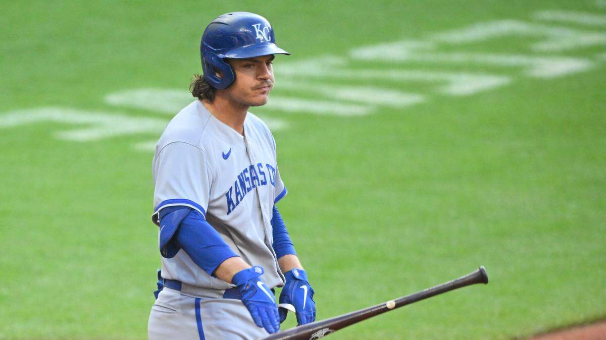 Kansas City Royals first baseman Nick Pratto (32) reacts after striking out in the fourth inning against the Cleveland Guardians at Progressive Field on July 7, 2023.